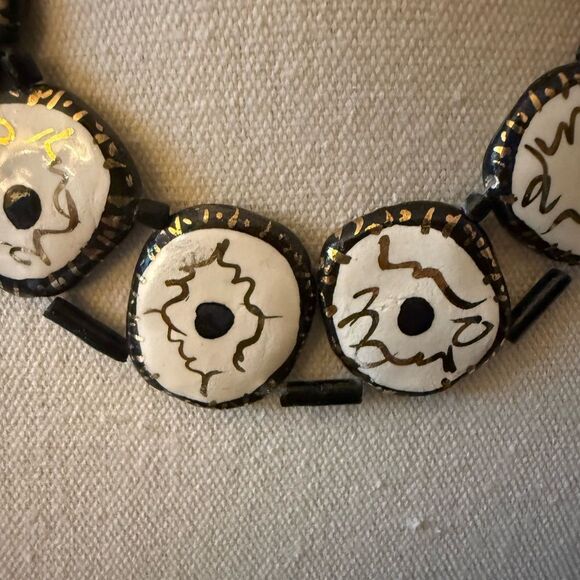 Artisan Made Ceramic Enameled Chocker Necklace on Black Leather Gold Tone Beads. - Picture 4 of 7